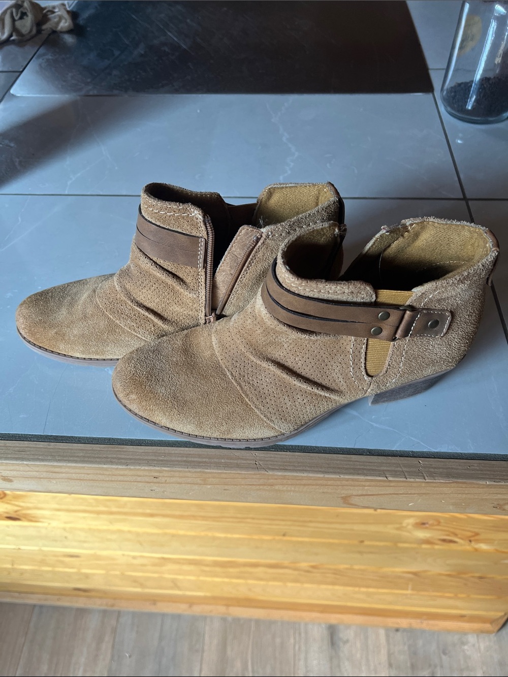 Earth Tan Suede Ankle Booties with Strap Accent